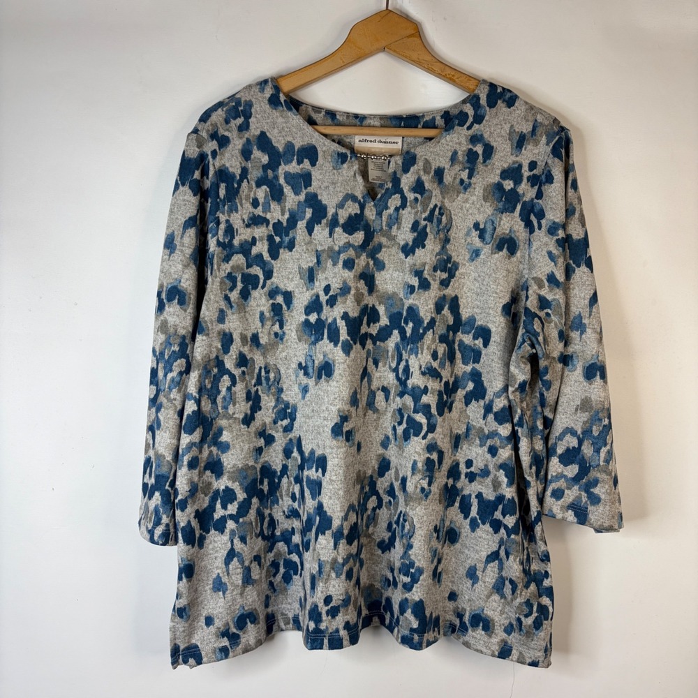 Alfred Dunner Top Women 1X Blue Grey Abstract Print Beaded Notch Neck 3/4 Sleeve